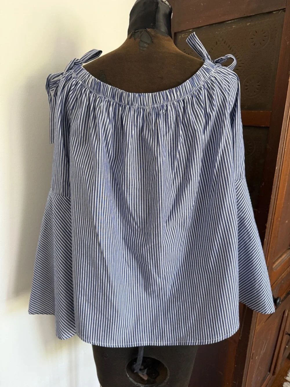 Blue and White Striped Off-Shoulder Tie-Sleeve Top - NWOT - Picture 5 of 5